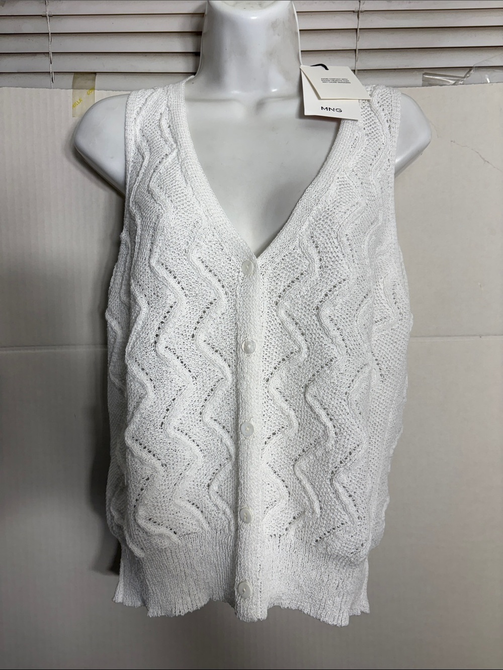 Mango White V-Neck Button-Front Knit Sweater Vest OPEN-KNIT V-NECK VEST 9065 - Picture 2 of 5